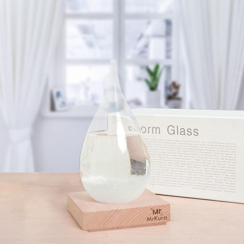 Photo 1 of ***DAMAGED***
 Storm Glass Crystal Weather Forecast Bottle with Wooden Base, Decorative Drop-shaped Glass Bottle Christmas Decoration for Home and Office Christmas Gift (M)
