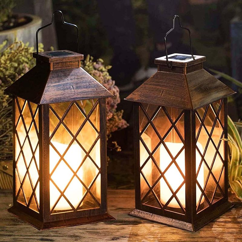 Photo 1 of [2 PACK] TAKE ME 14" Solar Lantern Outdoor Garden Hanging Lantern Waterproof LED Flickering Flameless Candle Mission Lights for Table,Outdoor?Mothers Day Gifts Mom 