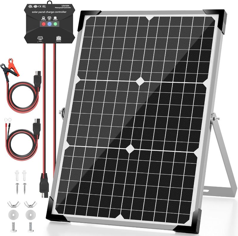 Photo 1 of 30W Solar Panel Battery Trickle Charger Maintainer + Upgrade 10A MPPT Charge Controller + Adjustable Mount Bracket, 12V Waterproof