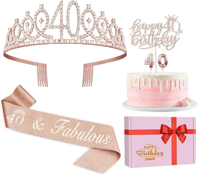 Photo 1 of 
40th Birthday Gifts for Women, Including 40th Birthday Crown/Tiara, Sash, Cake Topper and Candles, 40th Birthday Decorations Women