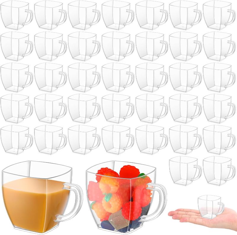 Photo 1 of Amyhill 100 Pcs 2 oz Disposable Tea Cups Mini Plastic Tea Cup Bulk with Handle Hard Plastic Coffee Mug Disposable Square Espresso Mug for Tea Party Catering (Transparent)