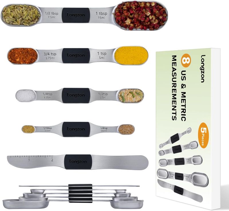 Photo 1 of [2024 NEW] longzon 8 Full-Sized Measurements Magnetic Measuring Spoon Set with Leveler - Durable Engraved Markings, Magnetic Absorbent, Stackable Stainless Steel - Suitable for Most Spice Jars