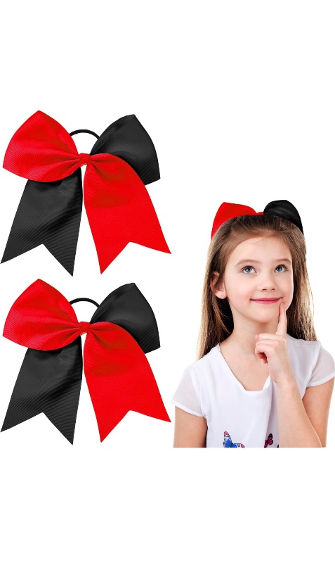 Photo 1 of 2 Packs Jumbo Cheerleading Bow 8 Inch Cheer Hair Bows Large Cheerleading Hair Bows with Ponytail Holder for Teen Girls Softball Cheerleader Outfit Uniform (Red and Black)