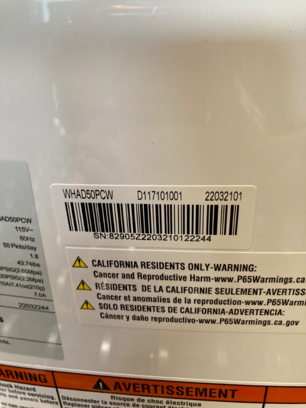 Photo 6 of Whirlpool 50-Pint Portable Dehumidifier for Basement, Garage, and Living Room, 115V, Dehumidifier for Rooms up to 4500 Sq. Ft. with Energy Star Certification, Auto-Shutoff, and Timer in White
