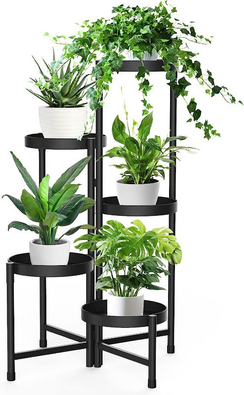 Photo 1 of 5 Tier Metal Plant Stand for Indoor Outdoor, Foldable Corner Tall Plant Shelf for Multiple Plants, Flower Pot Holder Display Stand for Living Room Balcony Garden Patio (Black)
