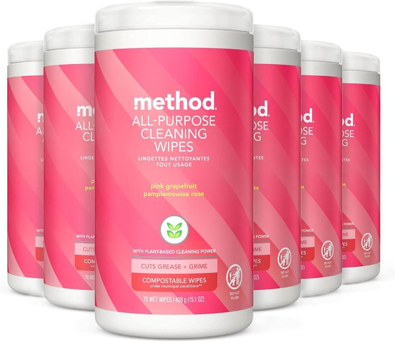 Photo 1 of Method All-Purpose Cleaning Wipes, Pink Grapefruit, Multi-Surface, Compostable, 70 Count (Pack of 6)