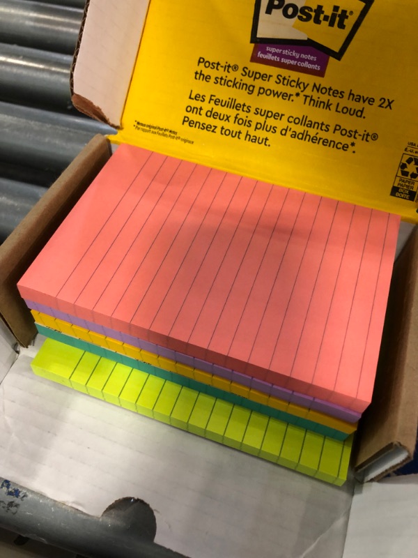 Photo 2 of Post-it Super Sticky Lined Notes, 5 Sticky Note Pads, 4x6 in, 2X the Sticking Power, School Supplies, Office Products, Sticky Notes for Vertical Surfaces, Monitors, Walls and Windows, Bright Colors