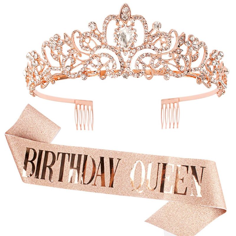 Photo 1 of "Birthday Queen" Sash & Rhinestone Tiara Set COCIDE Rose Gold Birthday Sash and Tiara for Women Birthday Decoration Kit Rhinestone Headband for...
