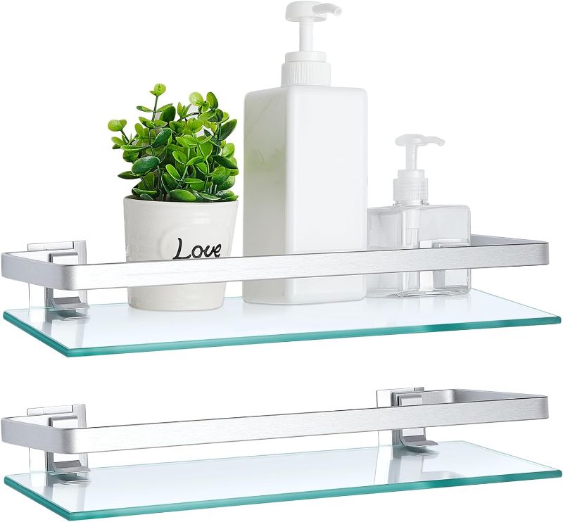 Photo 1 of 2 Pieces Bathroom Glass Shelf Floating Glass Corner Shelf Aluminum Tempered Glass Wall Shelves Rectangular Rustproof Wall Mounted Storage Organizer for Toilet Shower, Silver