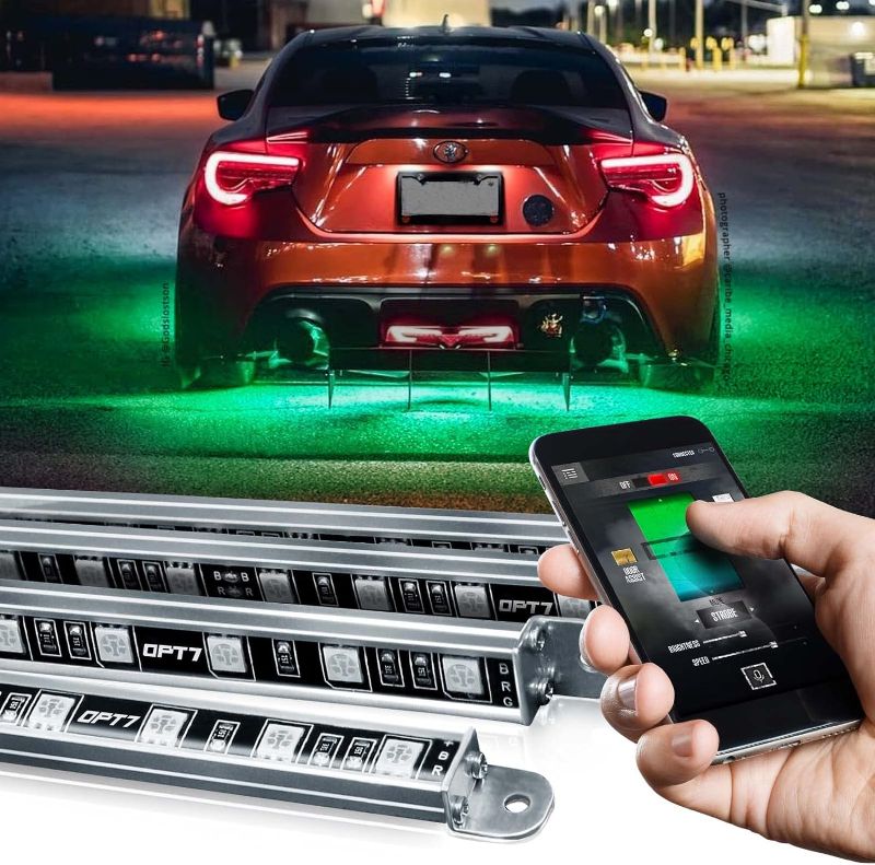 Photo 1 of OPT7 Aura Pro Aluminum Underglow for Car Truck RV, Bluetooth APP Exterior Underbody Lighting Kit, Multi-Color n Mode, Waterproof, Soundsync, Door Assist, iOS/Android Enable, Universal Fit, 4pc LED Bar