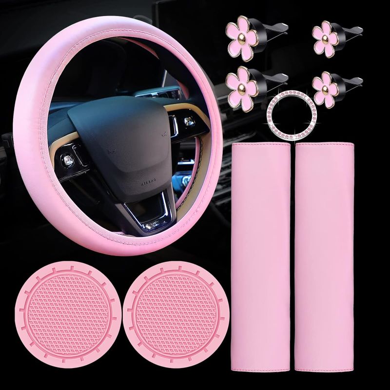 Photo 1 of 10 Pc Pink Leather Steering Wheel Cover Set - With Seat Belt Pads, Cup Holders, Bling Buttons