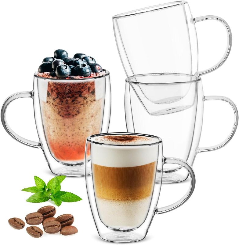 Photo 1 of 12 oz/350ml Double Walled Glass Coffee Mugs, Clear Coffee Cups and Mugs Set of 4, Cappuccino Latte Macchiato Glasses Cups with Handle, Espresso Mug Cups for Latte, Hot/Cold Drink