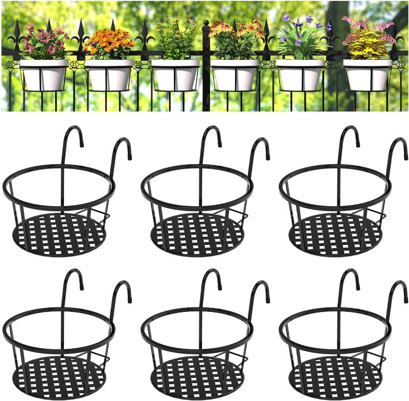 Photo 1 of CADANI Iron Hanging Plant Holder Over The Rail Metal Fence Planters, Hanging Bucket Flower Pot Holder for Patio Balcony Outdoor Plants - Pack of 6 (Black)
