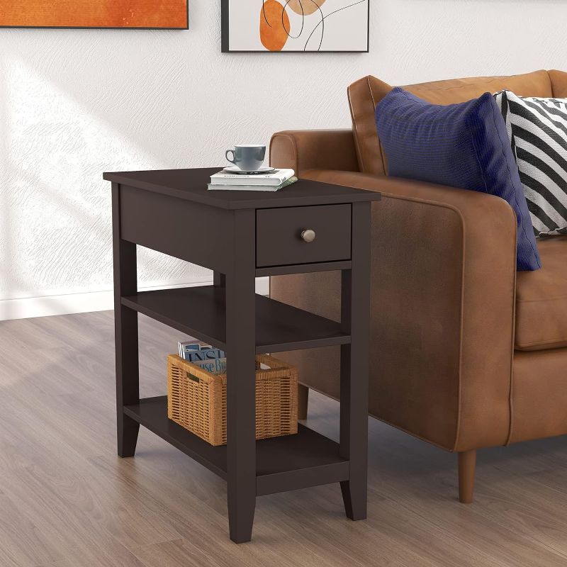 Photo 1 of ChooChoo Side Table Living Room, Narrow End Table with Drawer and Shelf, 3-Tier Sofa End Table for Small Space, Espresso
