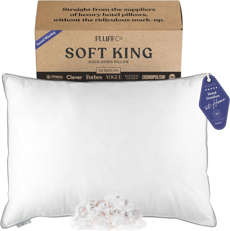 Photo 1 of FluffCo Down Pillow with 600 Fill Power White Duck Down Stomach Sleeper Pillow | Hotel Pillow with 300 Thread Count | 100% Cotton Feather Pillows |Soft King Size Pillows 1Pack
