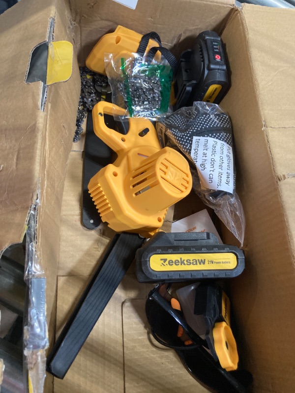 Photo 1 of ***VERY DAMAGE BOX*** Mini Chainsaw Cordless 8 inch With Oiler, Tool-Free Chain Adjustment, 21V MAX* Rechargeable Cordless Chainsaw with Battery and Charger Mini Chainsaw 8 inch Cordless Hand-Held Electric Chain Saw 8 inch MAX -TOOL FREE