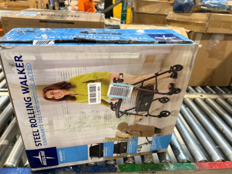 Photo 4 of ***Damage:Minor** Medline Rollator Walker with Seat, Steel Rolling Walker with 6-inch Wheels Supports up to 350 lbs, Medical Walker, Burgundy
