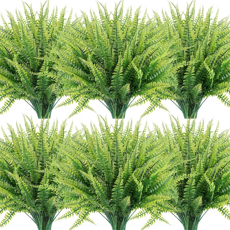 Photo 1 of 12 Bundles Artificial Plants, Fake Boston Fern Greenery Outdoor UV Resistant No Fade Faux Plastic Plants Garden Porch Window Box Decorating
