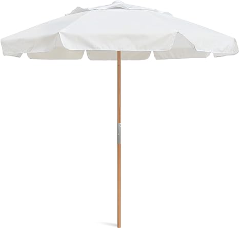 Photo 1 of ***product similar to the original photo*** Business & Pleasure Co. Holiday Umbrella - Boho Beach Umbrella with White Fringe, UPF 50+, 1" Tilting Wood Pole, Le Sirenuse Capri Stripe