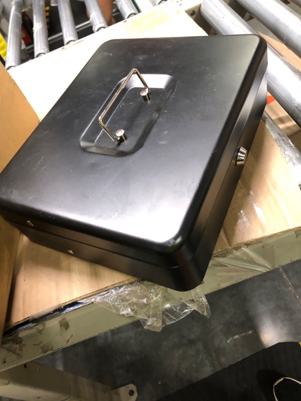 Photo 1 of Cash Box with Lock Key and Money Tray Large Money Box for Cash Metal Lock Box for Money 11.8" x 9.4" x 3.54" Black Black with Key Lock