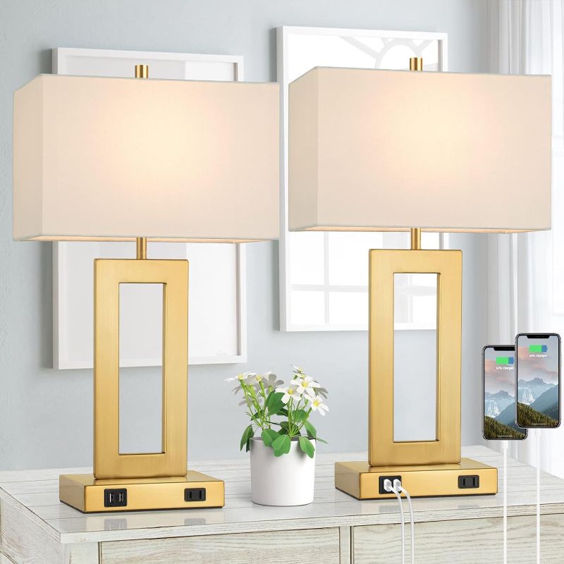 Photo 1 of 22’’ Table Lamps for Bedrooms Set of 2, Gold Bedside USB Desk Lamp with AC Outlet, Touch Control Modern Vintage Living Room Table Lamp for Nightstand End Table, 3-Way Dimming with 2 E26 Edison Bulbs