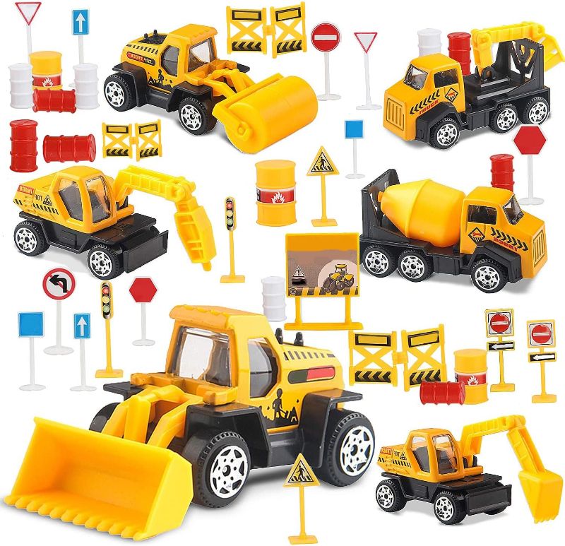 Photo 1 of TOY Life 28 PCS Construction Toys Construction Cake Topper, Small Construction Vehicles, Sandbox Toys for Boys, Small Construction Car Truck Excavator Toys Construction Party Favors Gifts for Boys