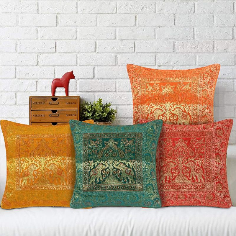 Photo 1 of Set of 4 Indian Pillow Covers Cases Square Ethnic Hand Embroidery Elephant Print Decorative Silk Cushion Cover for Sofa Bedroom Car Couch 16 X 16 Inch Multicolor