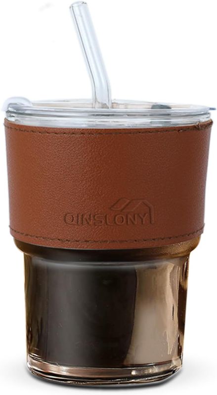 Photo 1 of 13oz/400ml Glass Tumbler Set with Straw and Seal Lid, for Coffee, Iced Tea (Amber)