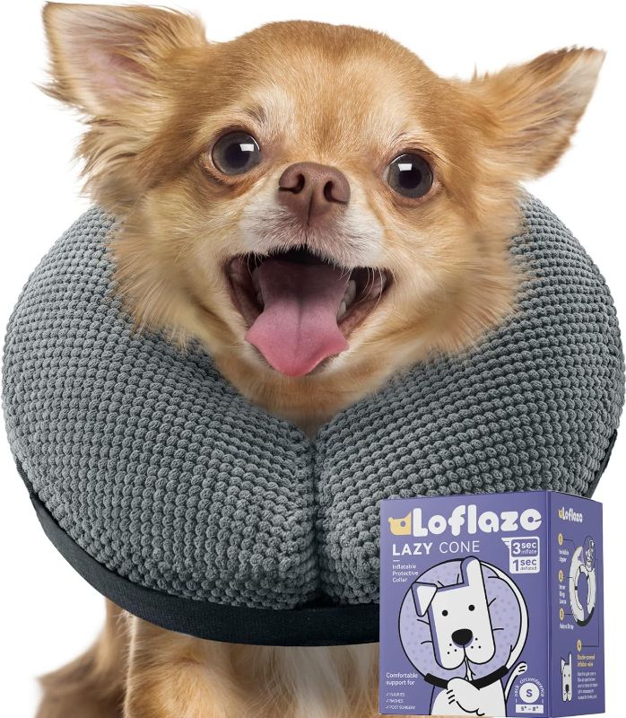 Photo 1 of Soft Inflatable Dog Cone Collar Alternative After Surgery - Dog Neck Donut E Collar for Large Medium Small Dogs Cats Post Surgery - Recovery Collar to Stop Licking - Grey, S