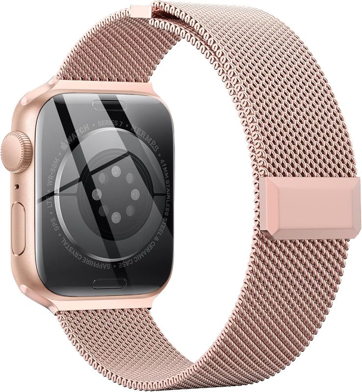 Photo 1 of EPULY Compatible with Apple Watch Band 42mm 44mm 45mm 38mm 40mm 41mm,Stainless Steel Mesh Loop Magnetic Clasp Bands for iWatch Series 9 8 SE 7 6 5 4 3 2 1 Women Men-41mm/40mm/38mm Champagme gold