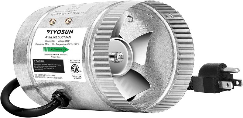 Photo 1 of VIVOSUN 4 Inch Inline Duct Fan 100 CFM, HVAC Exhaust Ventilation Fan with Low Noise for Basements, Bathrooms, Kitchens and Attics, Silver