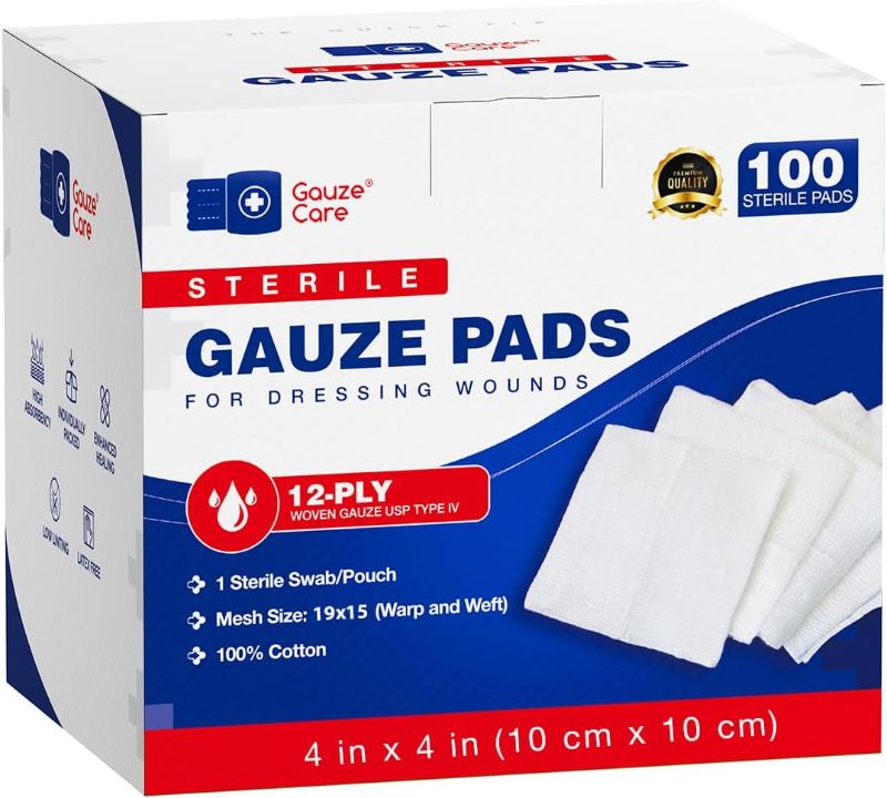 Photo 1 of 100pc Large Gauze Pads 4x4 Sterile for Wounds Bulk - 12ply Woven USP IV Thick Breathable Mesh Gauze Sponges for Enhanced Absorption - First Aid Medical Woven Gauze Pads 100% Cotton Woven 4"x4" 100 Count