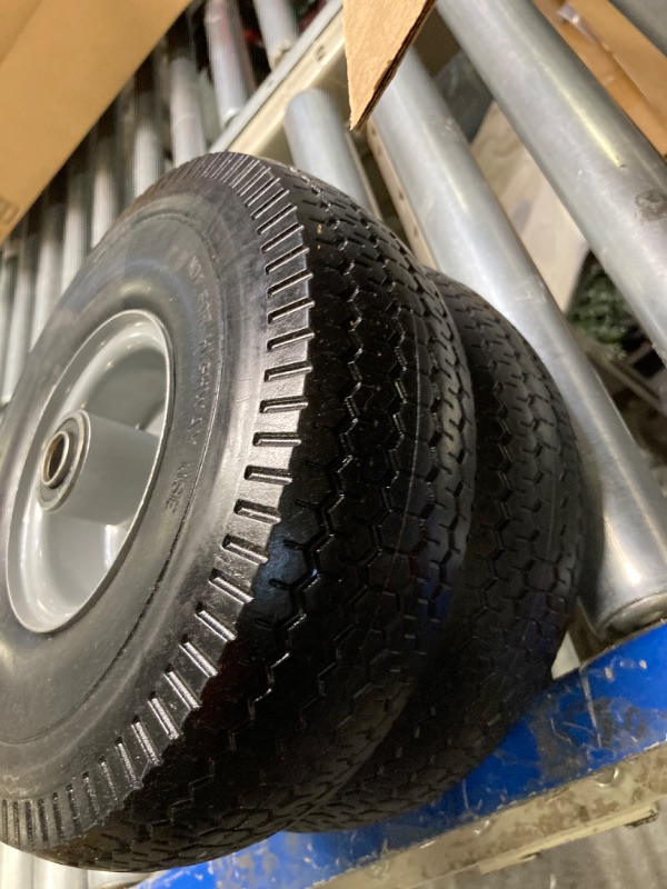 Photo 2 of 4.10/3.50-4 Tire and Wheel Flat Free,Solid 4.10/3.50-4 Tires with 5/8”Axle Bore Hole&2.2” Offset Hub, 10 Inch Tires and Wheels for Hand Truck Dolly Wagon Garden Cart Wheelbarrow Replacement, Pack of 2 4.10/3.50-4 Flat Free - 10"