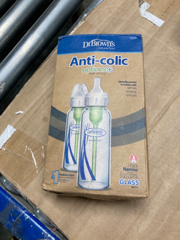 Photo 2 of ***DAMAGE BOX-*** Dr. Brown’s Natural Flow® Anti-Colic Options+™ Narrow Glass Baby Bottles 8 oz/250 mL, with Level 1 Slow Flow Nipple, 2 Pack, 0m+ 2-Pack, 8oz Glass Bottle