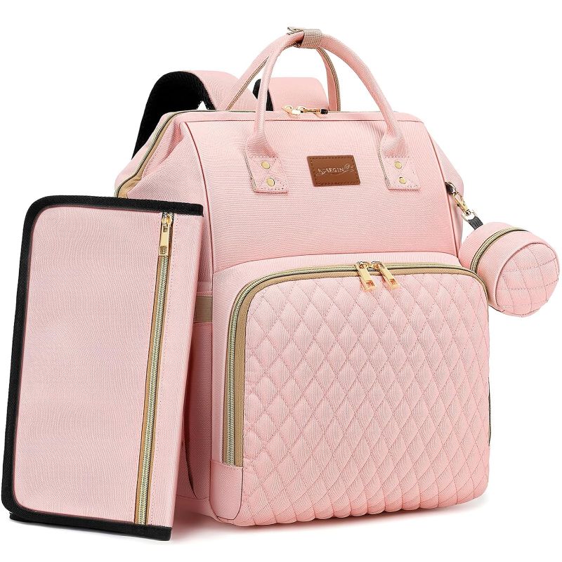 Photo 1 of Pink Diaper Bag Backpack for Baby Girls - Changing Pad, Pacifier Case, 30L Large Capacity, Insulated Pockets, Stroller Straps - Cute, Stylish, Perfect Baby Shower Gifts
