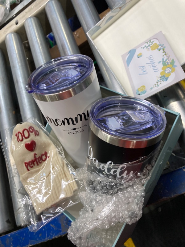 Photo 3 of ***Partial Set** Pregnancy Gifts for First Time Moms, Daddy and Mommy Est 202 20oz Insulated Tumblers Set Baby Onesie Socks Bib Decision Coin - Top New Parents Gifts for Mom and Dad to Be - Idea for Baby Shower