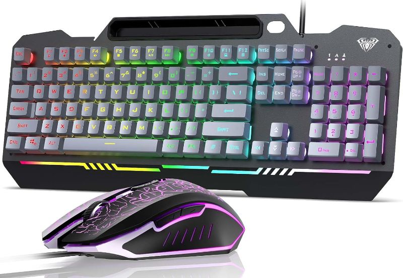 Photo 1 of AULA Keyboard, T102 104 Keys Gaming Keyboard and Mouse Combo with Rainbow Backlit Quiet Computer Keyboard, All-Metal Panel, Waterproof Light Up PC Keyboard, USB Wired Keyboard for MAC Xbox PC Gamers
