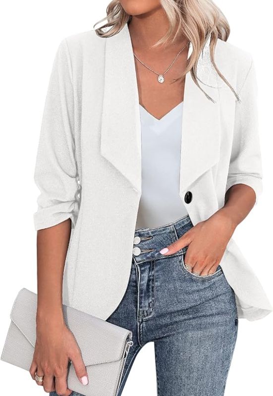 Photo 1 of Beyove Women's 3/4 Stretchy Ruched Sleeve Open Front Lightweight Work Office Blazer Jackets (S-3XL)
