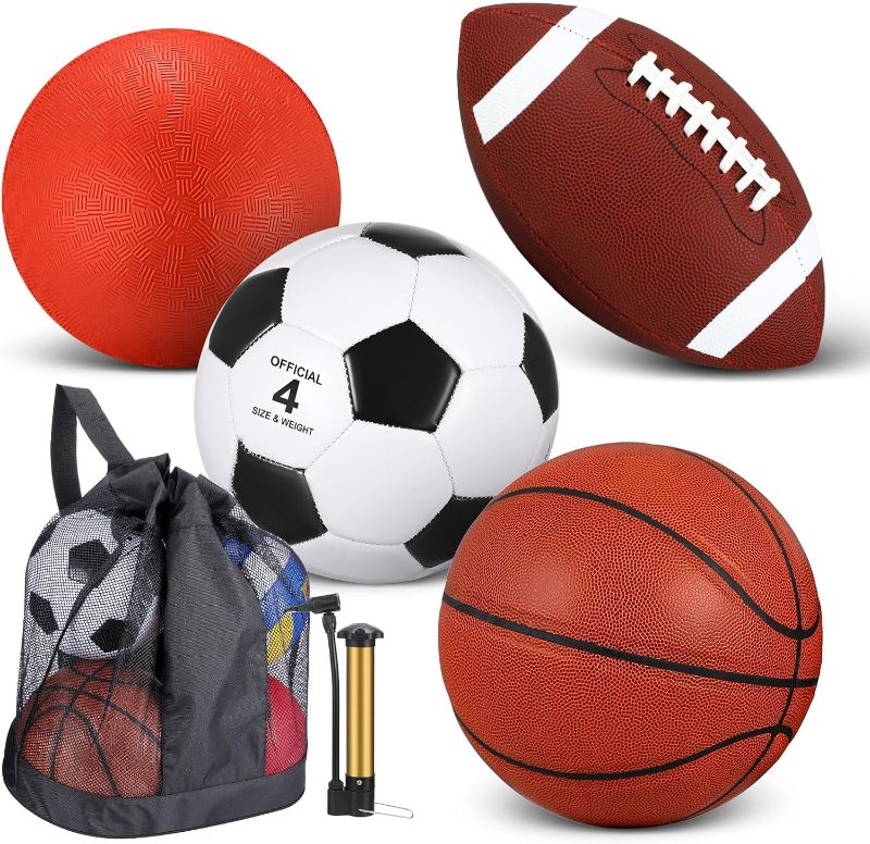 Photo 1 of Deekin 4 Pcs Sport Balls Set for Kids Teens, Include Size 5 Basketball Size 4 Soccer Size 6 Football Playground Ball and Pump, Sports Equipment Bag Christmas Sport Gift for Kids
