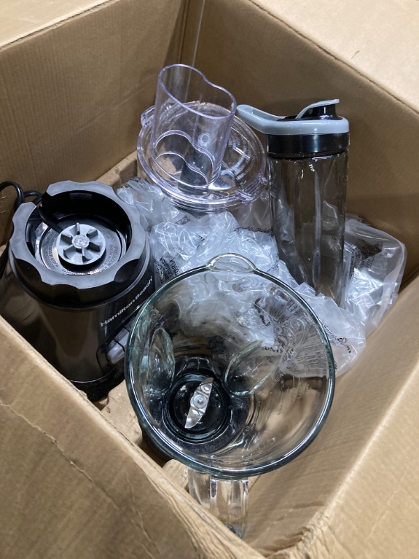 Photo 2 of ***DIRTY*** Hamilton Beach Blender for Shakes and Smoothies & Food Processor Combo, With 40oz Glass Jar, Portable Blend-In Travel Cup & 3 Cup Electric Food Chopper Attachment, 700 Watts, Gray & Black (58163)
