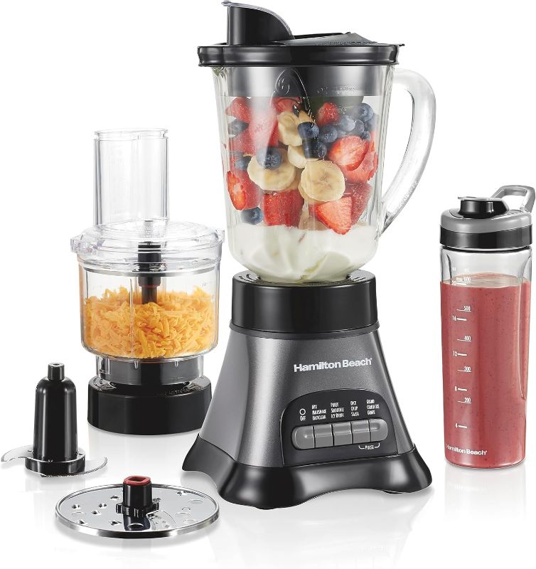 Photo 1 of ***DIRTY*** Hamilton Beach Blender for Shakes and Smoothies & Food Processor Combo, With 40oz Glass Jar, Portable Blend-In Travel Cup & 3 Cup Electric Food Chopper Attachment, 700 Watts, Gray & Black (58163)
