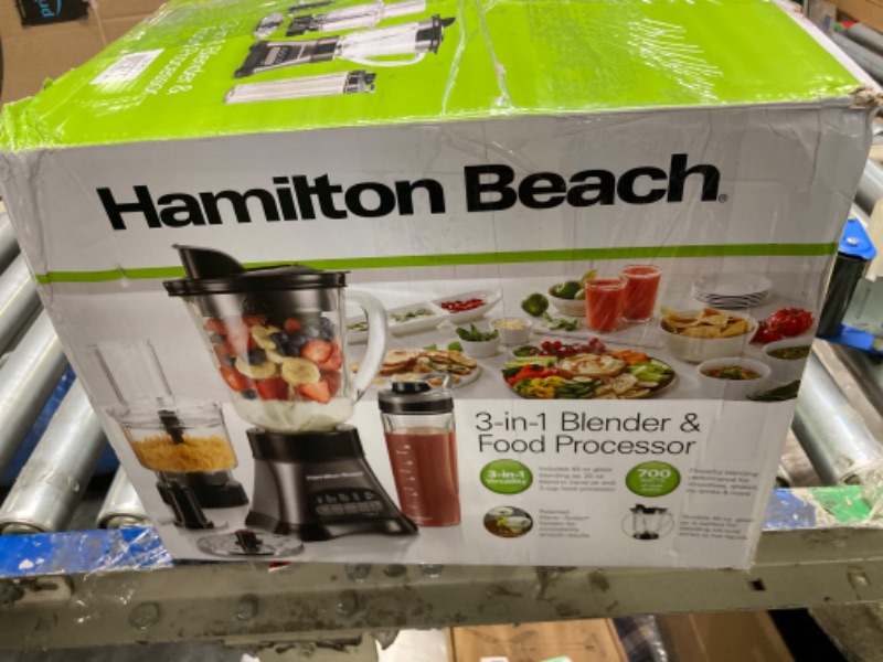 Photo 4 of ***DIRTY*** Hamilton Beach Blender for Shakes and Smoothies & Food Processor Combo, With 40oz Glass Jar, Portable Blend-In Travel Cup & 3 Cup Electric Food Chopper Attachment, 700 Watts, Gray & Black (58163)
