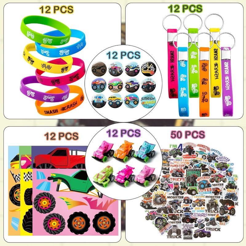 Photo 1 of ANGOLIO 110Pcs Monster Truck Party Favors Kits, Favors All-in-One Pack Party Supplies Include Monster Truck Stickers Keychain Bracelet Badge Car Face Stickers for Boys Kids Birthday Party Supplies
