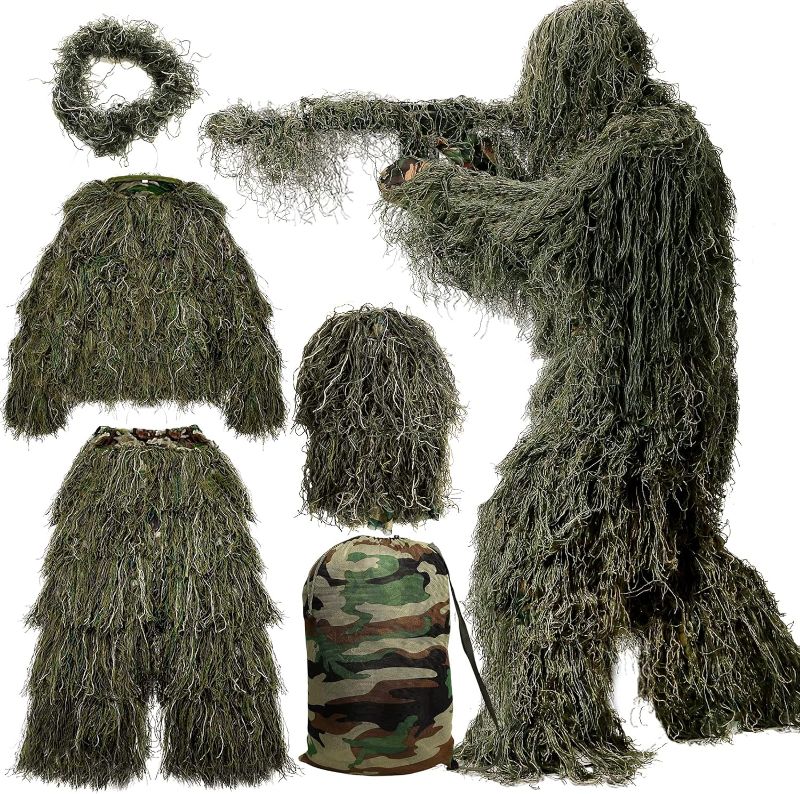 Photo 1 of MOPHOTO 5 in 1 Ghillie Suit, 3D Camouflage Hunting Apparel Including Jacket, Pants, Hood, Carry Bag Suitable for Unisex Adults/Youth (M/L/XL/XXL)
