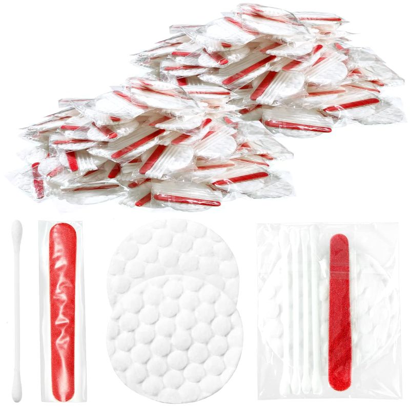 Photo 1 of 200 Pieces Hotel Vanity Kit Individually Wrapped Hotel Amenities Disposable Travel Size Hotel Hospitality Supplies, Each Includes 2 Cotton Pads 4 Cotton Swabs Nail File for Motels Makeup Toiletries