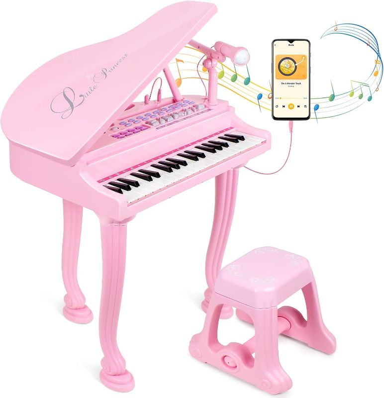 Photo 1 of Kids Piano Keyboard Toys 37 Keys,Grand Piano for Beginners,3 4 5 6 Years Old Toddler Girl Boy Gift,Educational Musical Instrument,w/Microphone,Stool,Piano Lid,Lights,Note Stickers,Enamel Finish- Pink