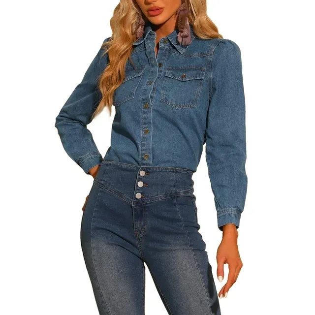 Photo 1 of Allegra K Casual Denim Shirt for Women’s Button Down Puff Long Sleeves Jean Blouse XL