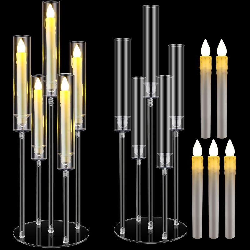 Photo 1 of 1 Set Acrylic Candelabra Centerpieces for Tables Clear Candelabra Candle Holder with LED Candles 5 Arm Candlesticks Holder with Acrylic Shade for Wedding Dinner Party Fireplace Decoration