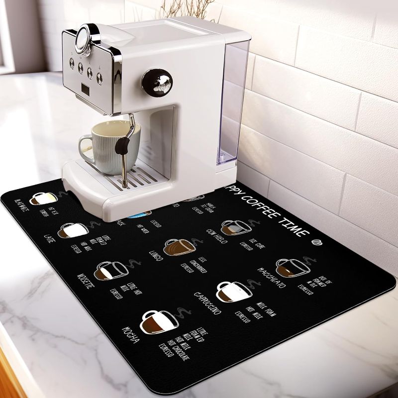 Photo 1 of Designer Coffee Maker Mat Dish Drying Mat - 16x24 Trimmable, PU Leather Surface & Rubber Backed, Kitchen Counter Protector, Heat Resistant, Super Absorbent - Coffee Flavor Menu