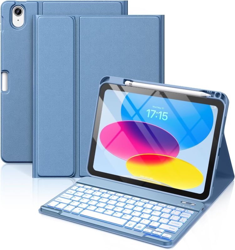 Photo 1 of Hamile iPad 10th Generation Case with Keyboard 10.9 Inch - 7 Colors Backlit Wireless Detachable Folio Keyboard Cover with Pencil Holder for New iPad 10th Gen 2022 (Blue)